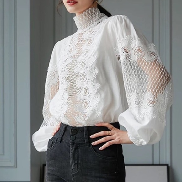 Lena Vie Boutique Tops - Lucie Lace Embroidered Silky Lantern Sleeve Blouse